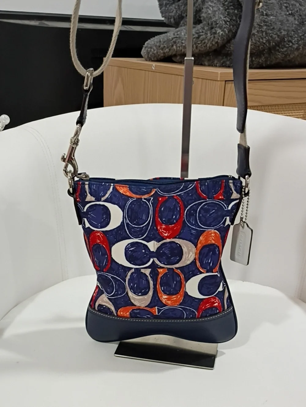 Coach Legacy Signature Navy Slingback Crossbody Bag with Red & Orange Accents